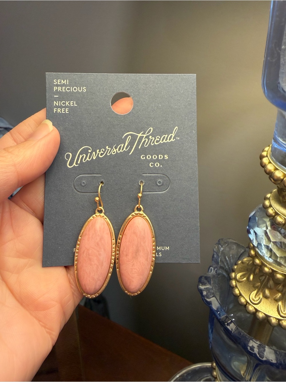 Universal Thread Gold-Trimmed Rose Pink Oval Drop Earrings
